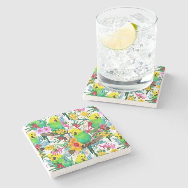Australian Budgerigar Wildflower Pattern Stone Coaster (Side)