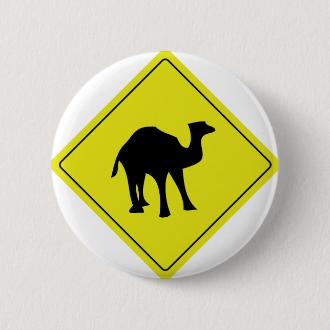 australian camel roadsign yellow 6 cm round badge (Front)