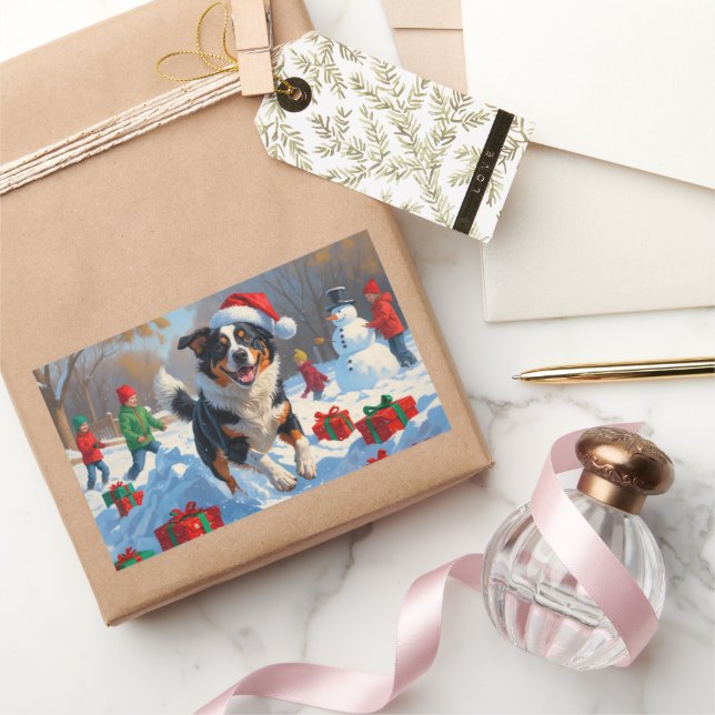 Australian Cattle Christmas Festive Snow Scene Rectangular Sticker (Gifting)