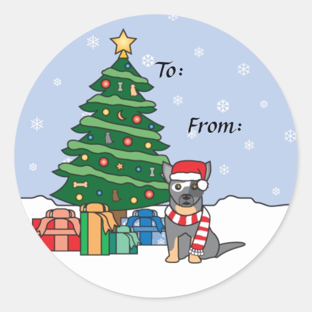 Australian Cattle Dog and Christmas Tree Classic Round Sticker (Front)