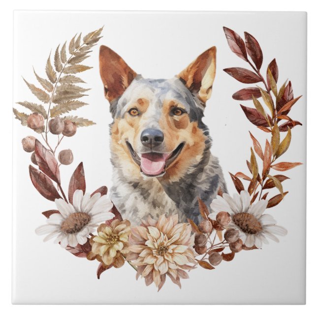 Australian Cattle Dog Autumn Wreath Ceramic Tile (Front)