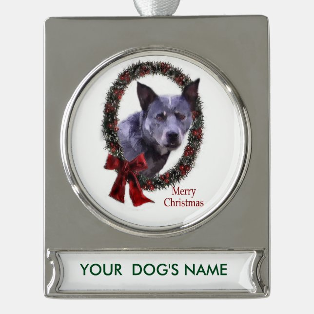 Australian Cattle Dog Christmas Personalised Silver Plated Banner Ornament (Front)