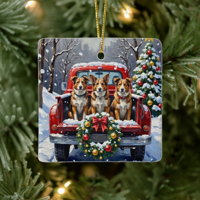 Australian Cattle Dog Christmas Red Truck Holiday Ceramic Ornament (Tree)