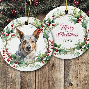Australian Cattle Dog in Holly Twig Wreath Ceramic Ornament