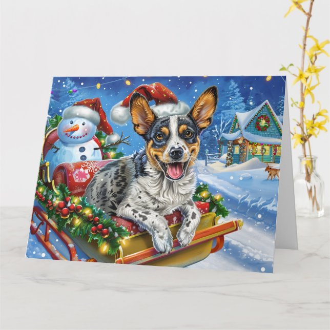 Australian Cattle Dog in Sleigh Snow Christmas Card (Yellow Flower)