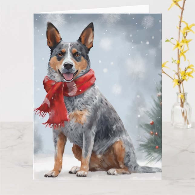 Australian Cattle Dog in Snow Christmas  Card (Yellow Flower)