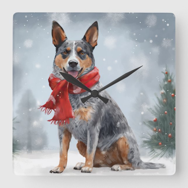 Australian Cattle Dog in Snow Christmas  Square Wall Clock (Front)