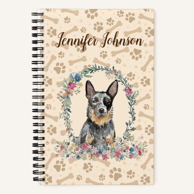 Australian Cattle Dog Paw Print & Floral Cute Notebook (Front)
