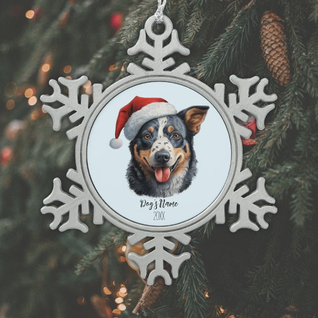 Australian Cattle Dog Santa Hat Personalised Snowflake Pewter Christmas Ornament (Personalize with Dog's Name and Year (or other text, or delete if no text required))