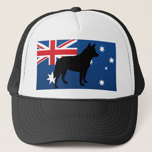 Australian cattle dog silhouette on flag trucker hat (Front)