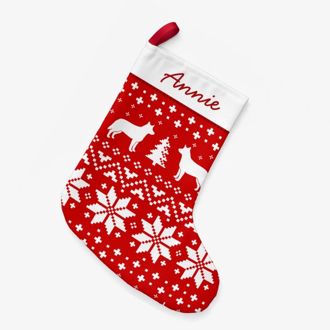 Australian Cattle Dog Silhouettes Pattern Heeler Small Christmas Stocking (Front (Hanging))