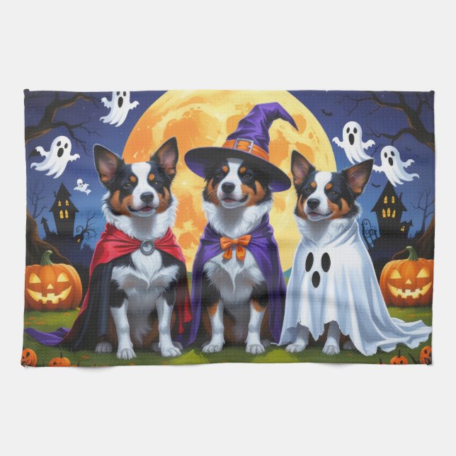 Australian Cattle Dogs Pumpkin Halloween Funny Tea Towel (Horizontal)