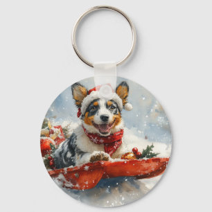 Australian Cattle in Sledge Let it Snow Christmas Key Ring