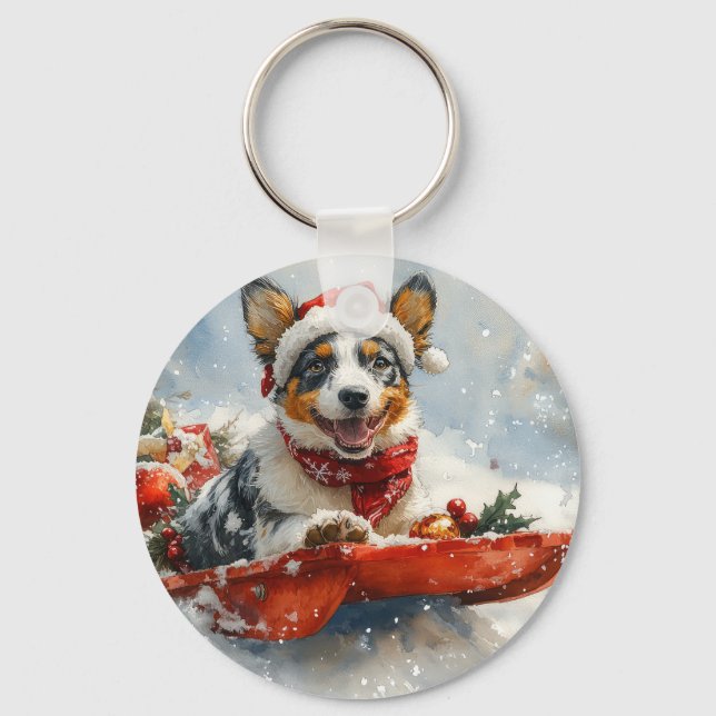 Australian Cattle in Sledge Let it Snow Christmas Key Ring (Front)