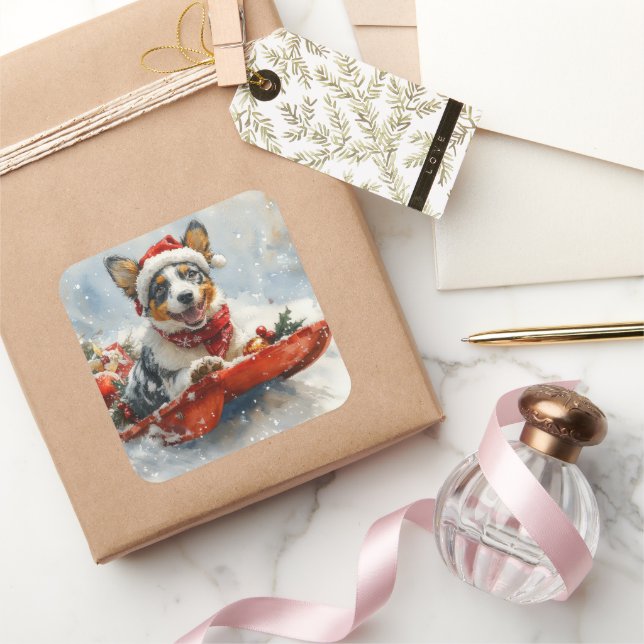 Australian Cattle in Sledge Let it Snow Christmas Square Sticker (Gifting)