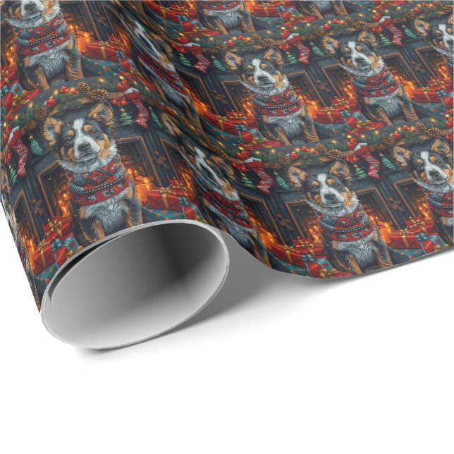Australian Cattle with Christmas Gifts Fireplace Wrapping Paper (Roll Corner)