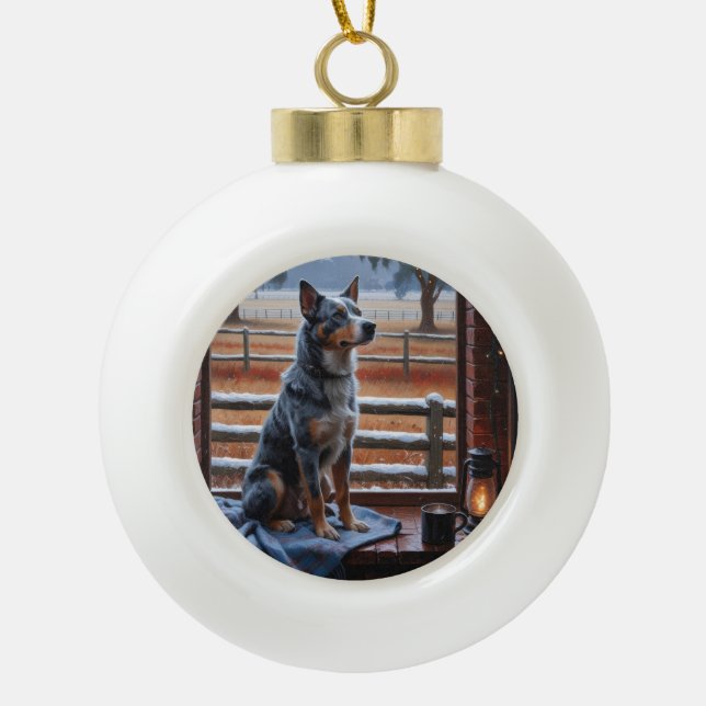 Australian Cattle With Christmas Lights Holiday Ceramic Ball Christmas Ornament (Front)
