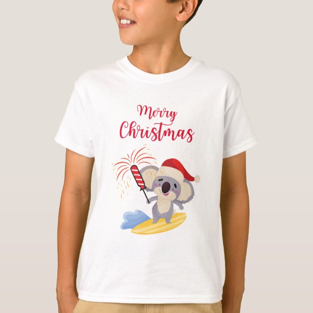 Australian Christmas Cute Koala Surfing Design T-Shirt (Front)