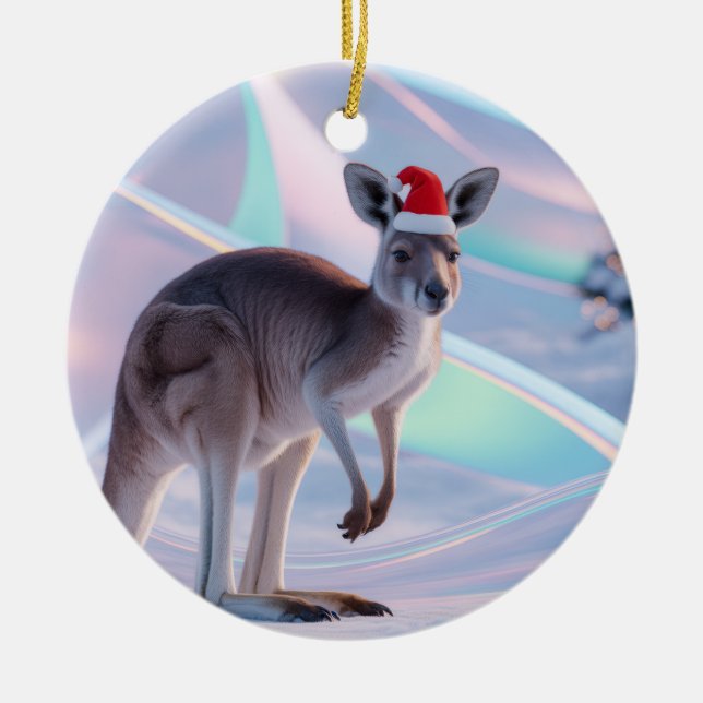 Australian Christmas Kangaroo + Santa Hat Holiday Ceramic Ornament (Front)