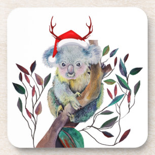 Australian Christmas Koala Santa Hat Red Green Coaster