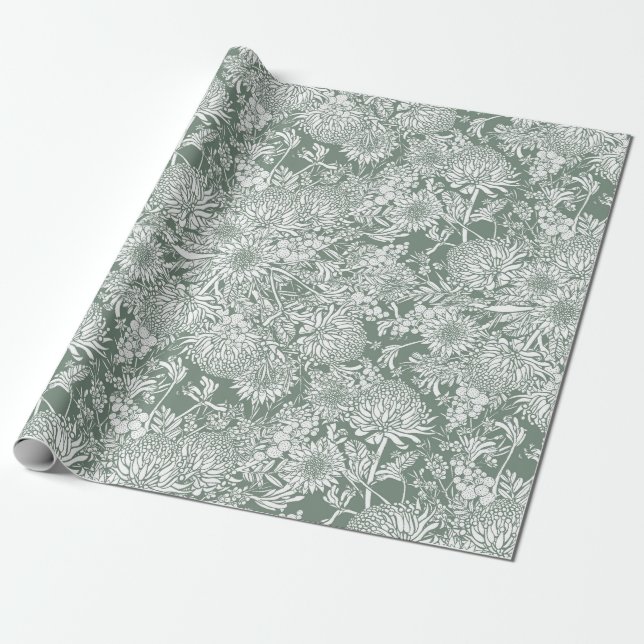 Australian Country Garden - Sage And White Wrapping Paper (Unrolled)
