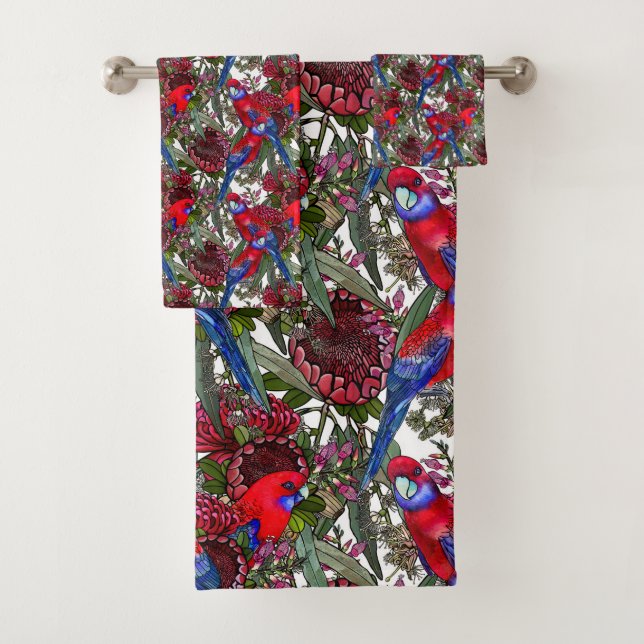 Australian Crimson Rosella and Wildflower Pattern Bath Towel Set (Insitu)