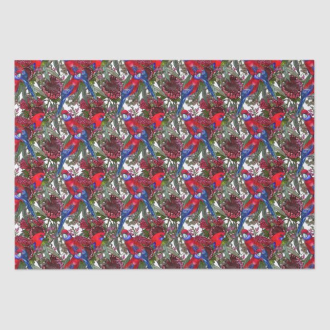 Australian Crimson Rosella and Wildflower Pattern Tissue Paper (Front)