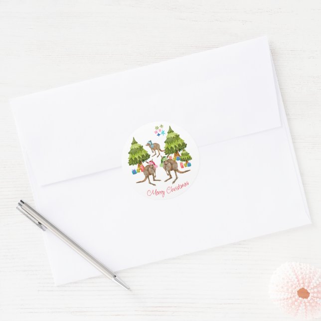 Australian Cute Kangaroo Christmas Classic Round Sticker (Envelope)