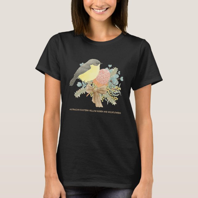 Australian Eastern Yellow Robin and Wildflowers T-Shirt (Front)