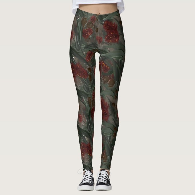 Australian Eucalyptus Bottle Brush Floral Pattern Leggings (Front)