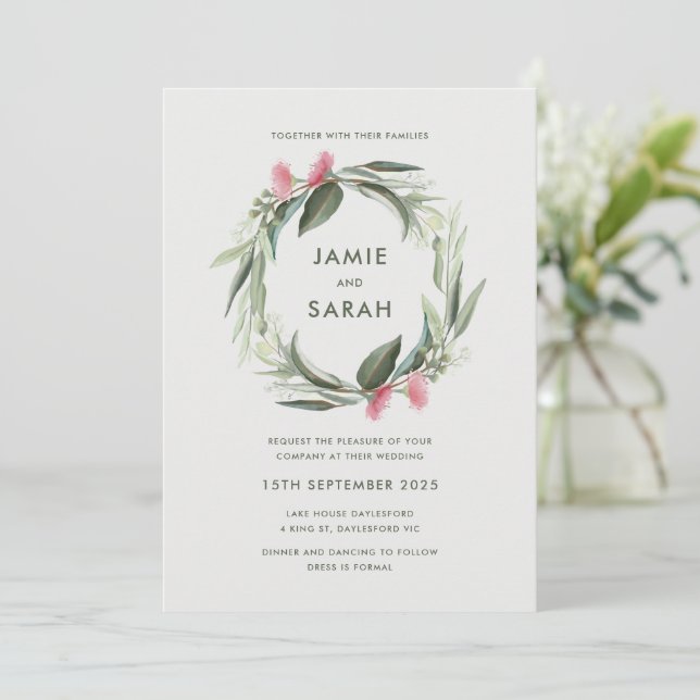 Australian Eucalyptus Wreath Wedding Invitation (Standing Front)