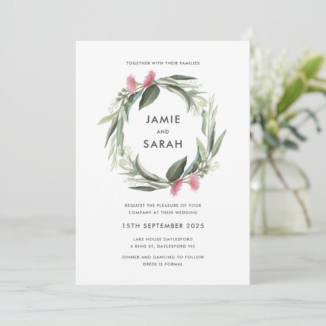 Australian Eucalyptus Wreath Wedding Invitation (Standing Front)