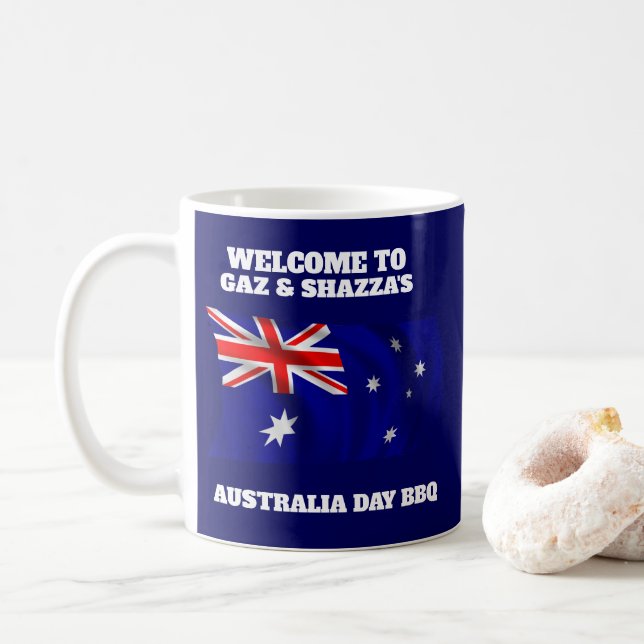 Australian Flag Modern Aussie personalised BBQ Coffee Mug (With Donut)