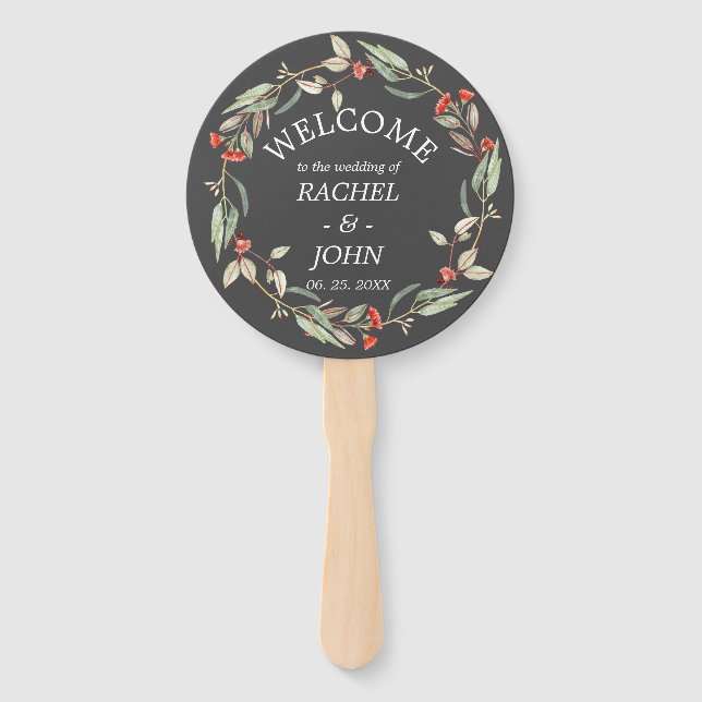 Australian Flowers Rustic Wedding Welcome Grey Hand Fan (Front)
