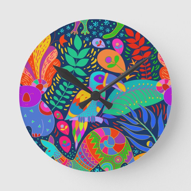 Australian Jungle Parrot Kangaroo Koala Round Clock (Front)