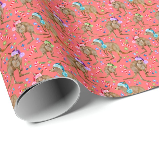 Australian Kangaroo Christmas Pink Wrapping Paper (Roll Corner)