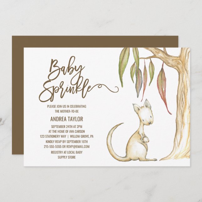 Australian Kangaroo & Joey Neutral Baby Sprinkle Invitation (Front/Back)