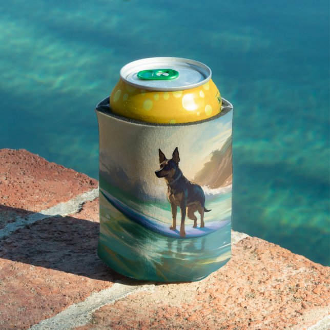 Australian Kelpie Beach Surfing Painting Can Cooler (In Situ Pool)