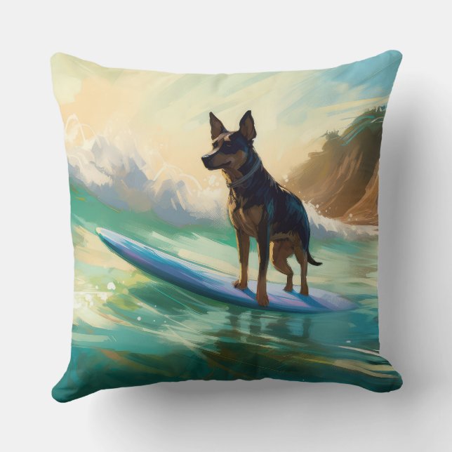Australian Kelpie Beach Surfing Painting Cushion (Back)