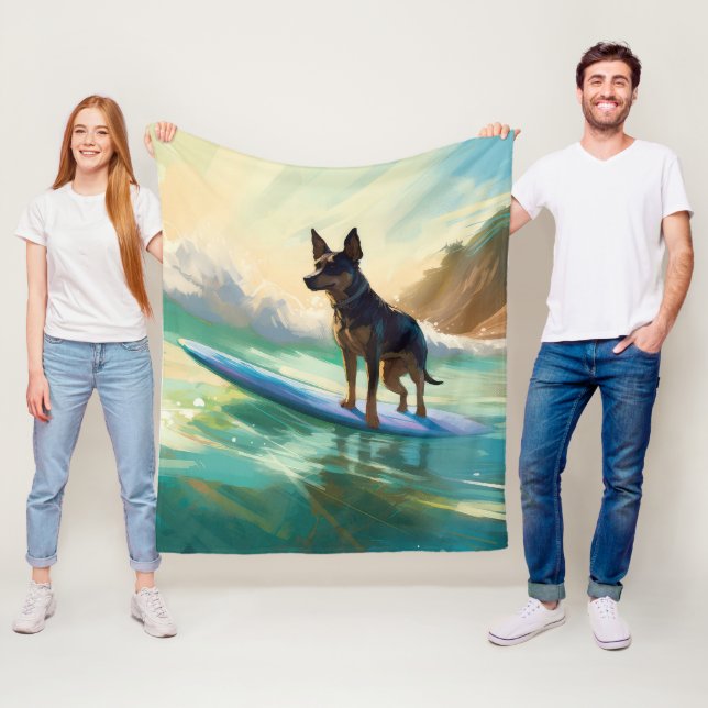 Australian Kelpie Beach Surfing Painting Fleece Blanket (In Situ)