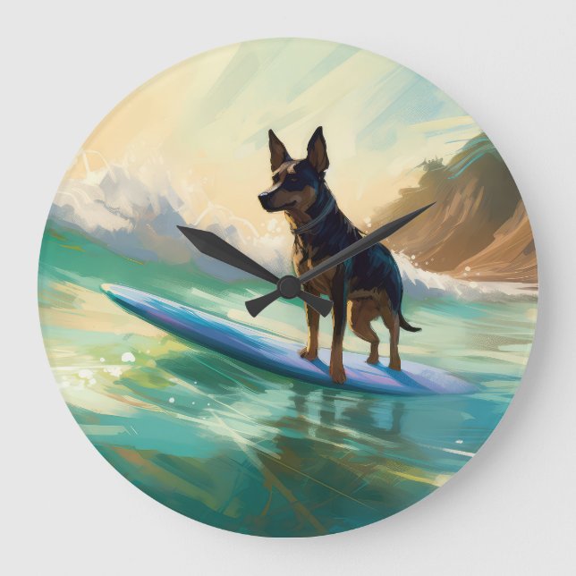 Australian Kelpie Beach Surfing Painting Large Clock (Front)