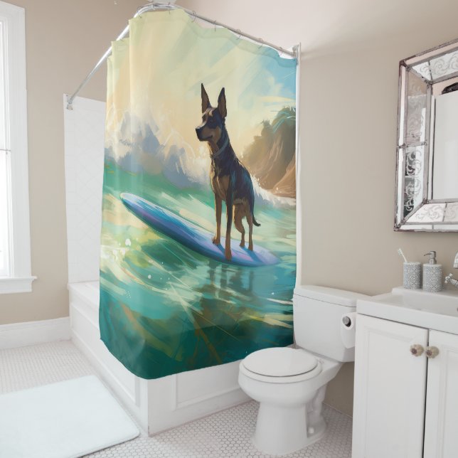Australian Kelpie Beach Surfing Painting Shower Curtain (In Situ)