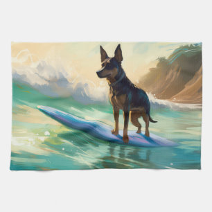 Australian Kelpie Beach Surfing Painting Tea Towel