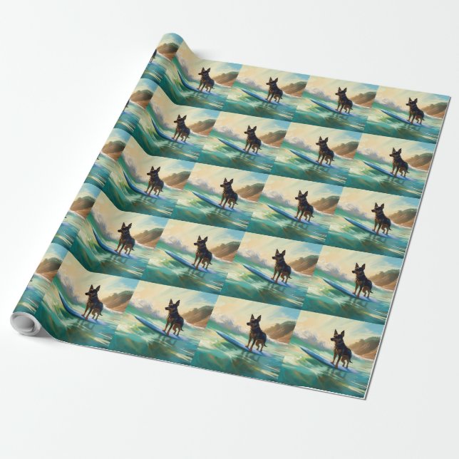 Australian Kelpie Beach Surfing Painting Wrapping Paper (Unrolled)