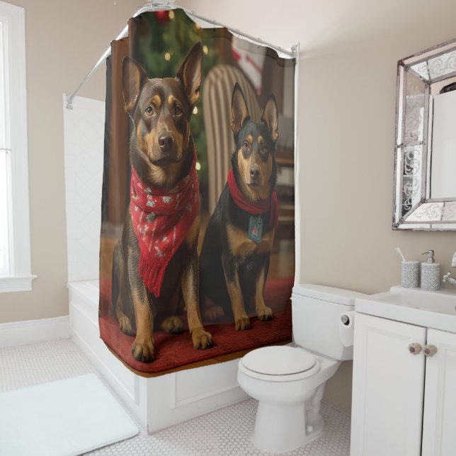 Australian Kelpie by the Fireplace Christmas Shower Curtain (In Situ)