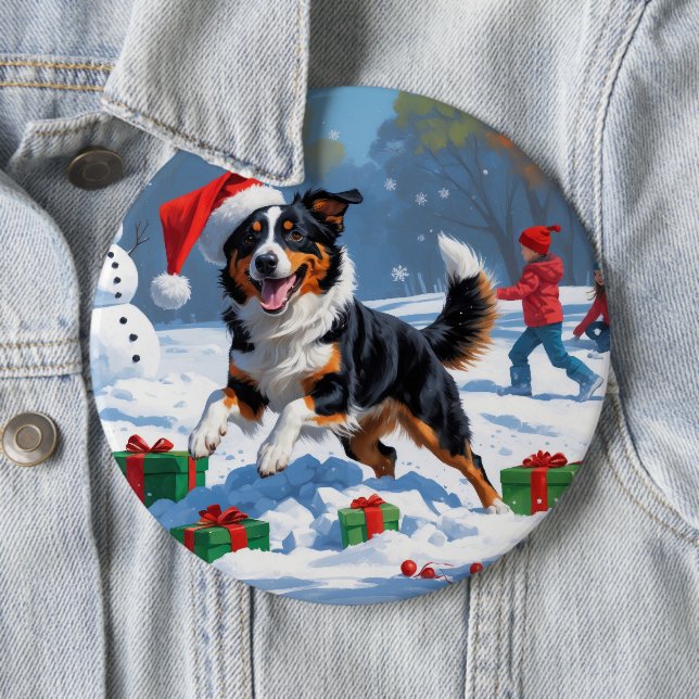 Australian Kelpie Christmas Festive Snow Scene 6 Cm Round Badge (In Situ)