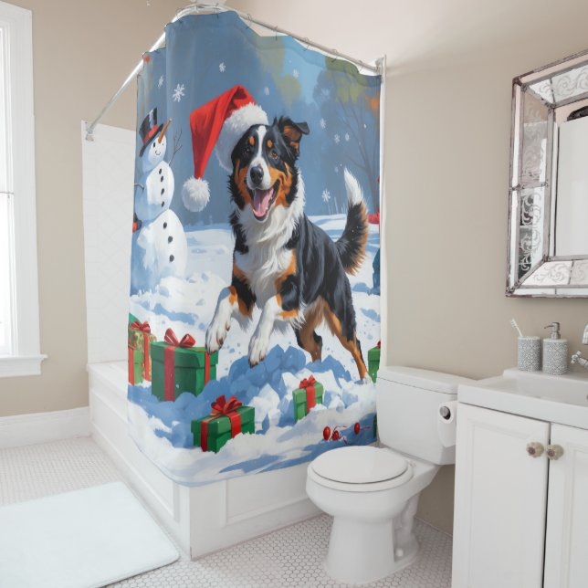 Australian Kelpie Christmas Festive Snow Scene Shower Curtain (In Situ)