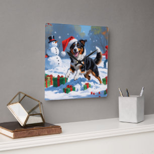 Australian Kelpie Christmas Festive Snow Scene Square Wall Clock