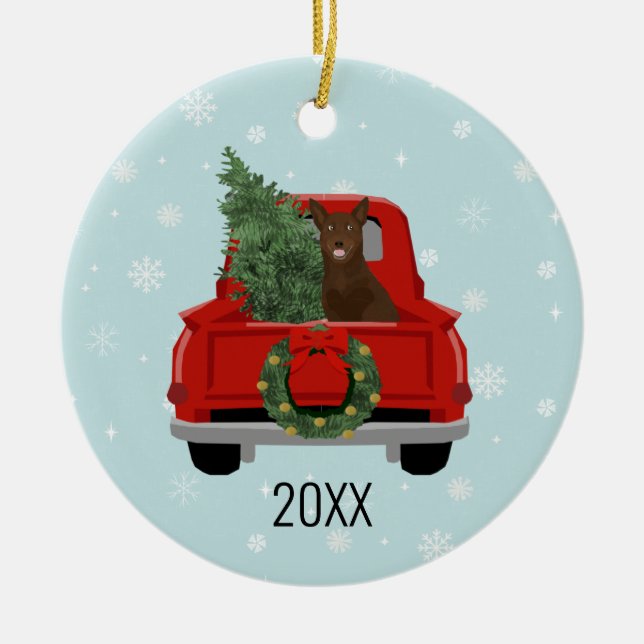 Australian Kelpie Christmas Red Truck Ceramic Ornament (Front)