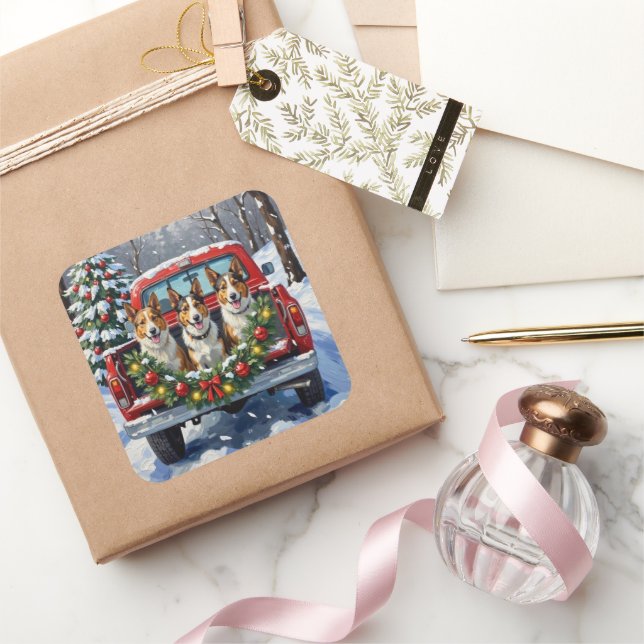 Australian Kelpie Christmas Red Truck Holiday Square Sticker (Gifting)